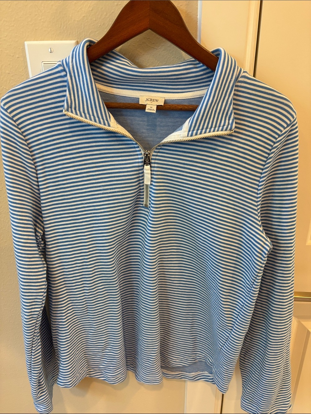 J. Crew Light Blue & White Striped Quarter-Zip Turtleneck Sweater